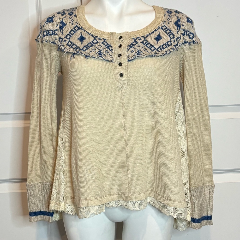 Free People We The Free Cabin In The Woods Thermal Henley Lace Blue Cream Top XS